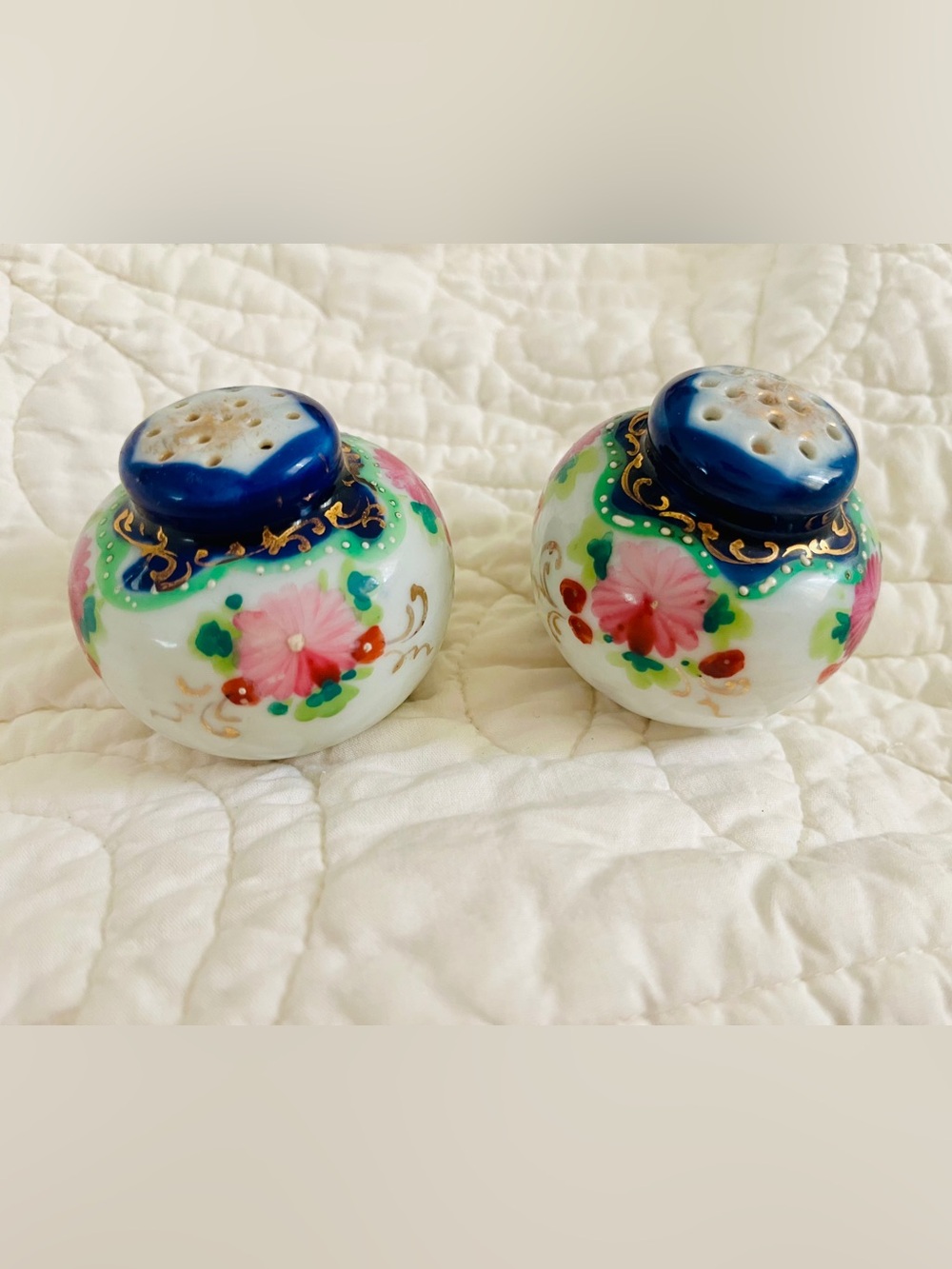 Vintage Hand-Painted Floral Porcelain Salt and Pepper Shakers - White and Blue